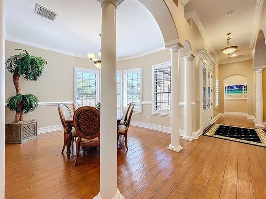 Chandelier, Dining room, Interior, Pendant Lights, Wood Texture Flooring