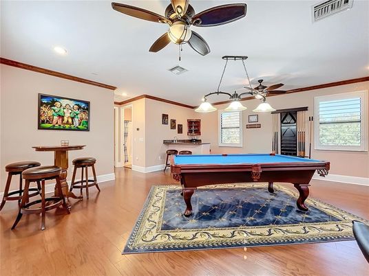 Billiard Table, Game Room, Interior, Pendant Lights, Recessed Lighting, Wood Texture Flooring