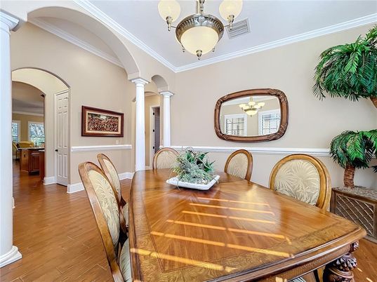Chandelier, Dining room, Interior, Wood Texture Flooring