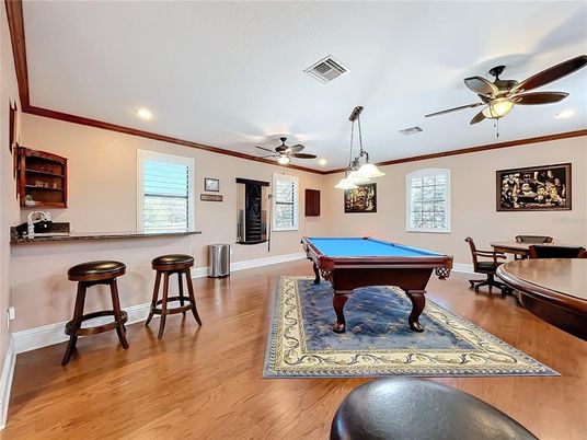 Billiard Table, Game Room, Interior, Pendant Lights, Recessed Lighting, Wood Texture Flooring