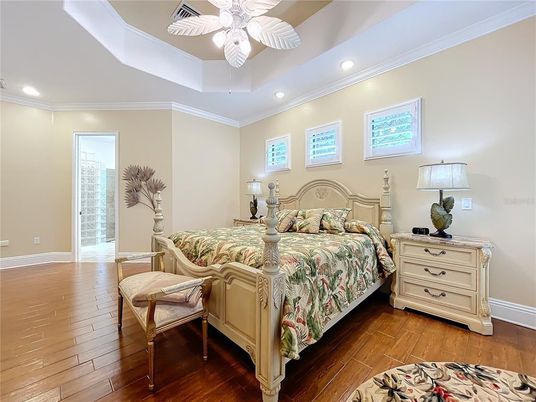 Bedroom, Interior, Recessed Lighting, Wood Texture Flooring