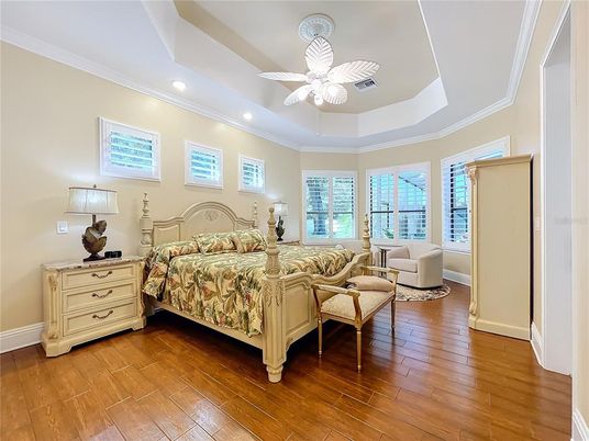 Bedroom, Interior, Recessed Lighting, Wood Texture Flooring