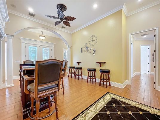Dining room, Interior, Recessed Lighting, Wood Texture Flooring