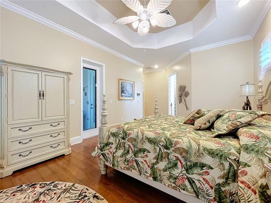 Bedroom, Interior, Recessed Lighting, Wood Texture Flooring