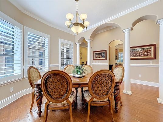 Chandelier, Dining room, Interior, Wood Texture Flooring
