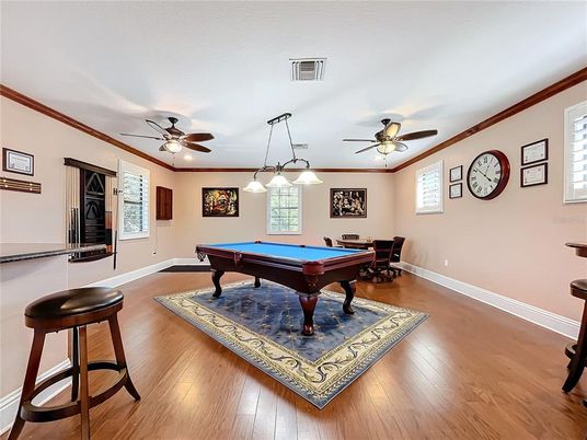 Billiard Table, Game Room, Interior, Pendant Lights, Wood Texture Flooring