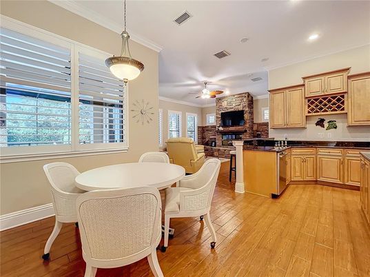 Dining room, Fireplace, Interior, Kitchen, Pendant Lights, Recessed Lighting, Stone Walls, Wood Texture Flooring