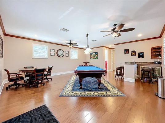 Billiard Table, Dining room, Game Room, Interior, Pendant Lights, Recessed Lighting, Wood Texture Flooring