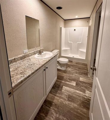 Bathroom, Dual Sink Vanities, Interior, Recessed Lighting, Wood Texture Flooring