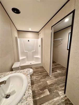 Bathroom, Interior, Recessed Lighting, Wood Texture Flooring