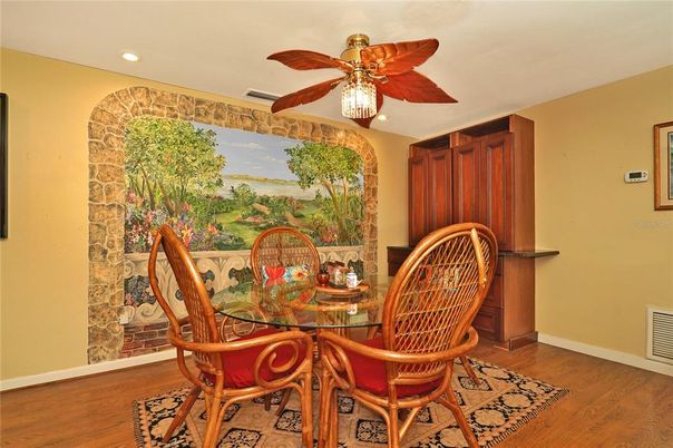 Dining room, Interior, Recessed Lighting, Wood Texture Flooring
