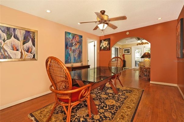 Dining room, Interior, Recessed Lighting, Wood Texture Flooring