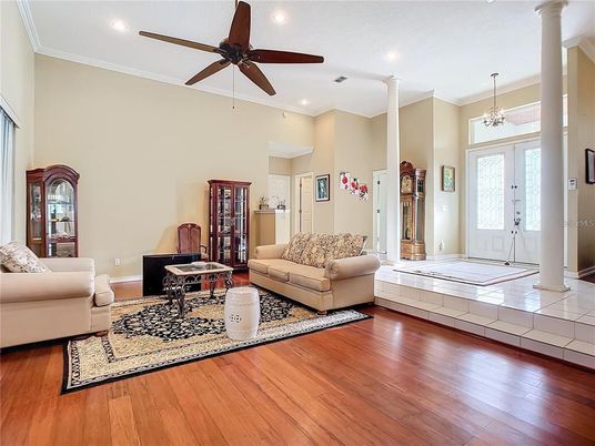 Chandelier, Interior, Living room, Piano, Recessed Lighting, Wood Texture Flooring