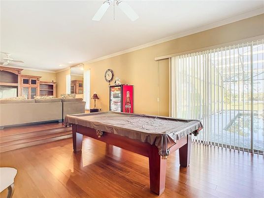 Billiard Table, Game Room, Interior, Recessed Lighting, Wood Texture Flooring
