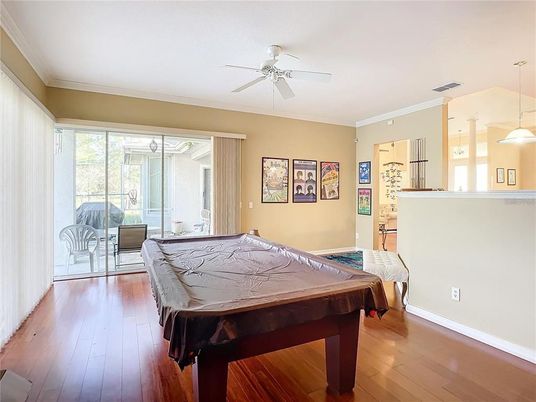 Billiard Table, Game Room, Interior, Pendant Lights, Wood Texture Flooring