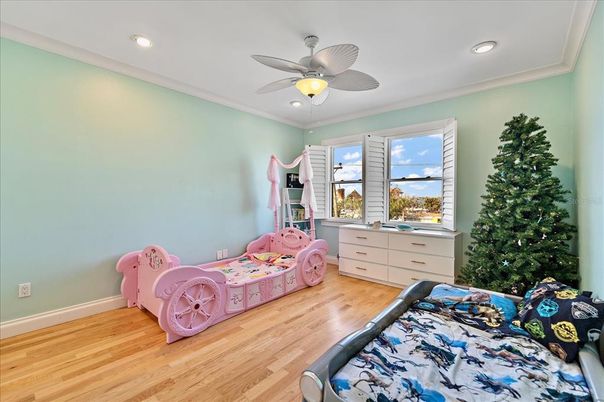 Bedroom, Interior, Recessed Lighting, Wood Texture Flooring
