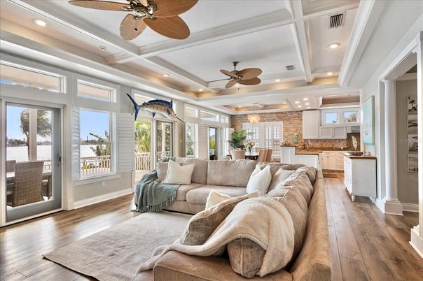 Dining room, Interior, Kitchen, Living room, Recessed Lighting, Wood Texture Flooring