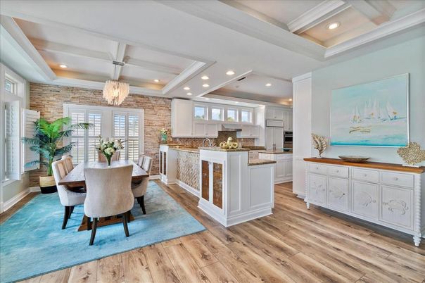 Chandelier, Dining room, Interior, Kitchen, Recessed Lighting, Stone Walls, Wood Texture Flooring