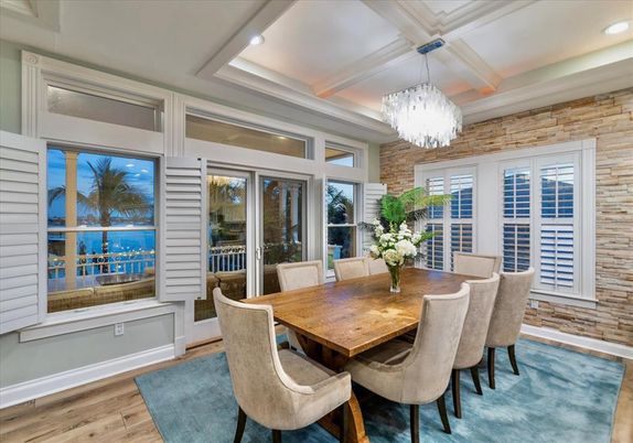 Chandelier, Dining room, Interior, Recessed Lighting, Wood Texture Flooring