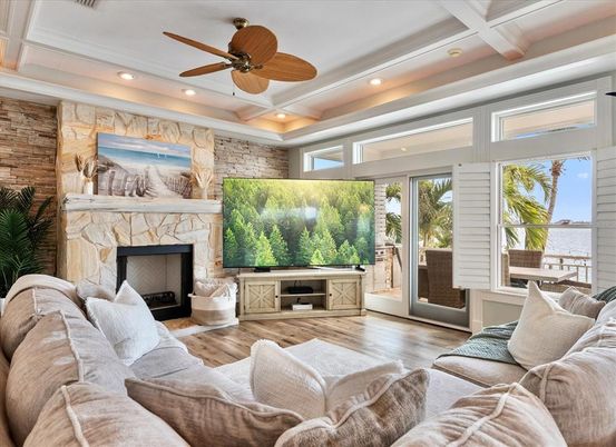Fireplace, Interior, Living room, Recessed Lighting, Stone Walls, Wood Texture Flooring