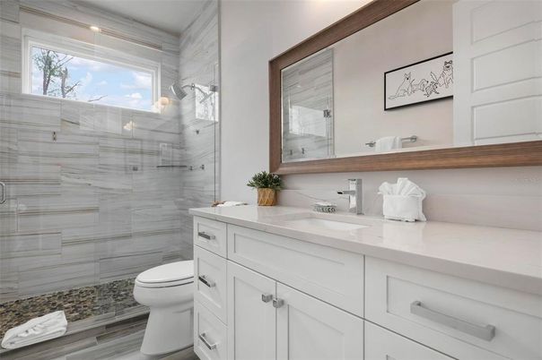 Bathroom, Glass Shower, Interior, Wood Texture Flooring