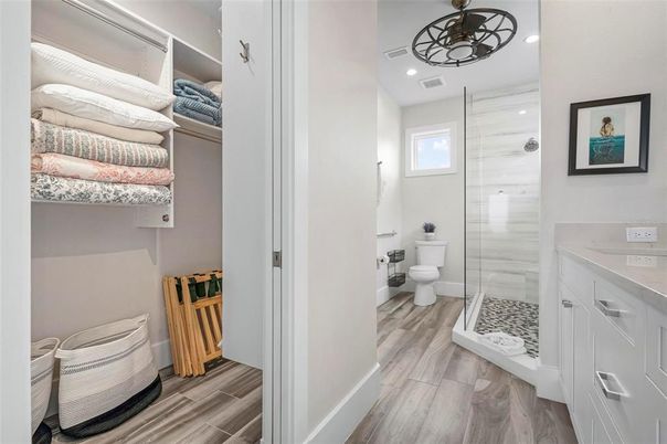 Bathroom, Glass Shower, Interior, Recessed Lighting, Wood Texture Flooring