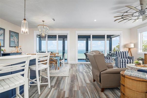 Chandelier, Dining room, Interior, Living room, Pendant Lights, Recessed Lighting, Water, Wood Texture Flooring