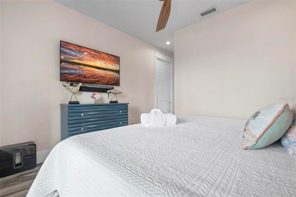 Bedroom, Interior, Recessed Lighting, Wood Texture Flooring