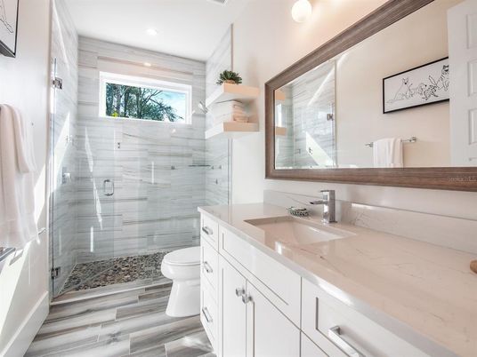 Bathroom, Glass Shower, Interior, Recessed Lighting, Wood Texture Flooring