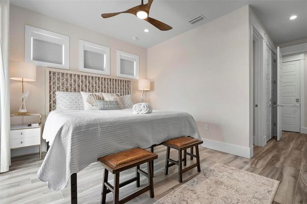 Bedroom, Interior, Recessed Lighting, Wood Texture Flooring