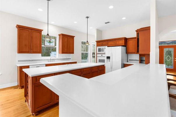 Interior, Kitchen, Pendant Lights, Recessed Lighting, Stainless Steel Appliances, Wood Texture Flooring