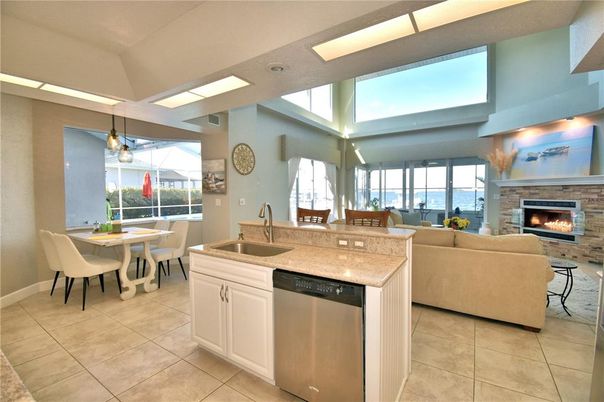 Dining room, Fireplace, Interior, Kitchen, Living room, Pendant Lights, Water