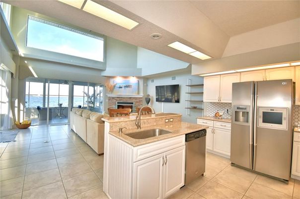 Fireplace, Interior, Kitchen, Living room, Recessed Lighting, Stainless Steel Appliances
