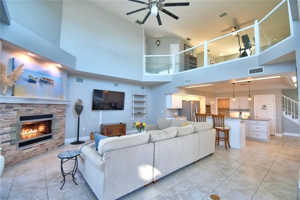 Fireplace, Interior, Kitchen, Living room, Pendant Lights, Recessed Lighting