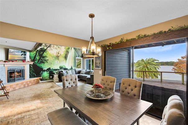 Dining room, Fireplace, Interior, Living room, Pendant Lights, Water