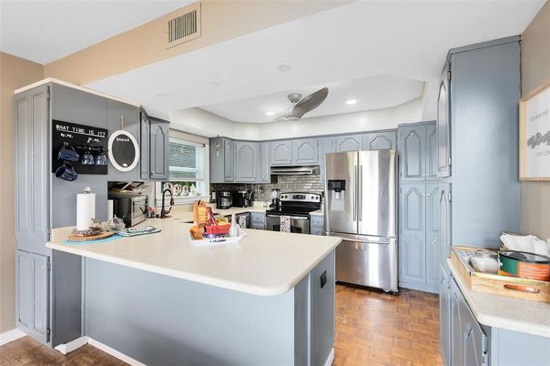 Interior, Kitchen, Recessed Lighting, Stainless Steel Appliances, Wood Texture Flooring