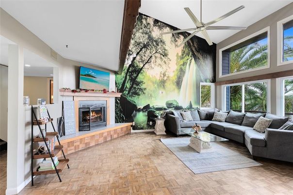 Fireplace, Interior, Living room, Recessed Lighting, Wood Texture Flooring