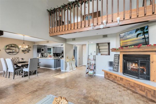 Chandelier, Dining room, Fireplace, Interior, Kitchen, Wood Texture Flooring