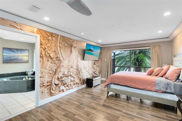 Bedroom, Interior, Recessed Lighting, Wood Texture Flooring