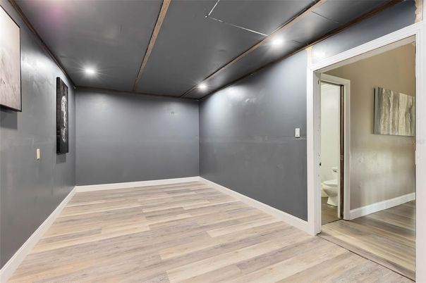 Bathroom, Empty room, Interior, Recessed Lighting, Wood Texture Flooring