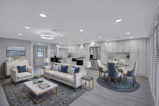 Dining room, Interior, Kitchen, Living room, Recessed Lighting, Stainless Steel Appliances, Wood Texture Flooring