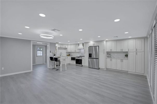 Interior, Kitchen, Recessed Lighting, Stainless Steel Appliances, Wood Texture Flooring