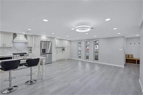 Interior, Kitchen, Recessed Lighting, Stainless Steel Appliances, Wood Texture Flooring