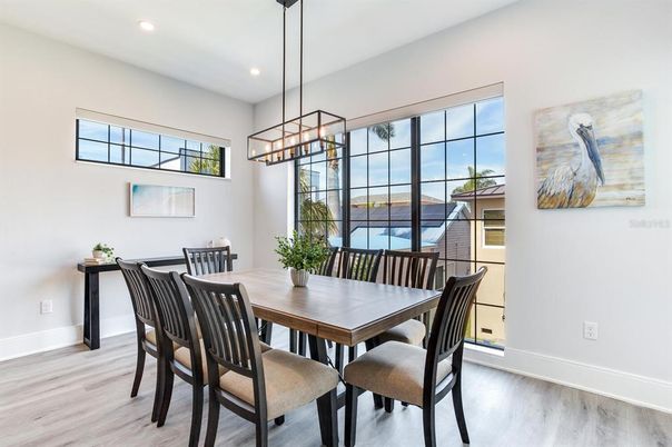 Dining room, Interior, Pendant Lights, Recessed Lighting, Wood Texture Flooring
