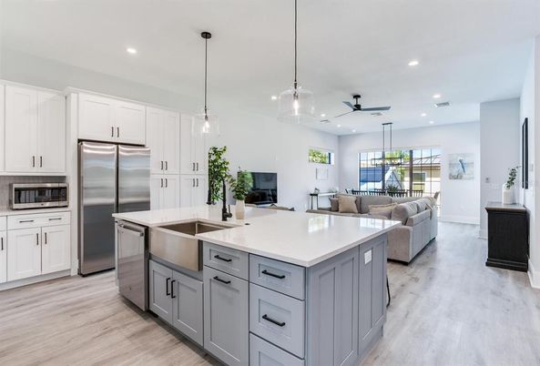 Interior, Kitchen, Living room, Pendant Lights, Recessed Lighting, Stainless Steel Appliances, Wood Texture Flooring