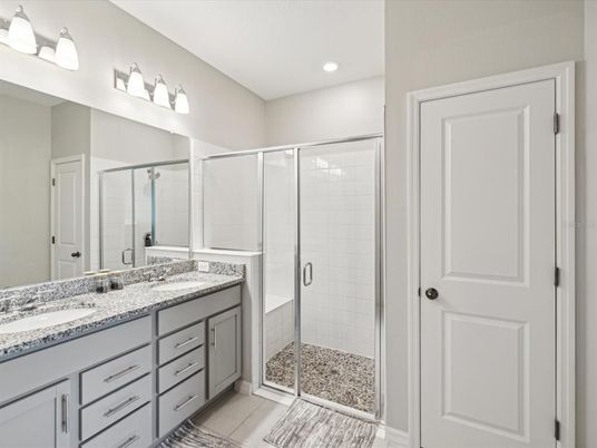 Bathroom, Dual Sink Vanities, Glass Shower, Interior, Recessed Lighting