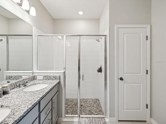 Bathroom, Dual Sink Vanities, Glass Shower, Interior, Recessed Lighting