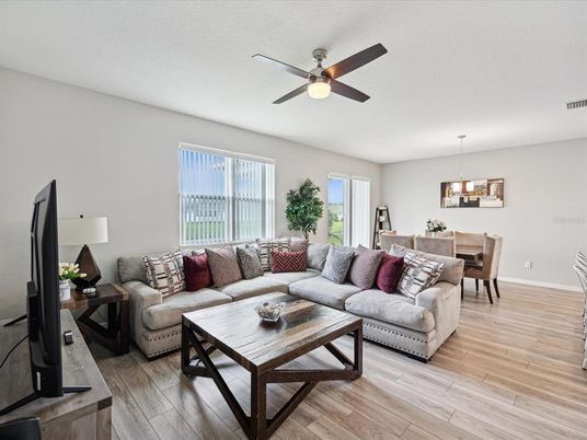 Dining room, Interior, Living room, Pendant Lights, Wood Texture Flooring