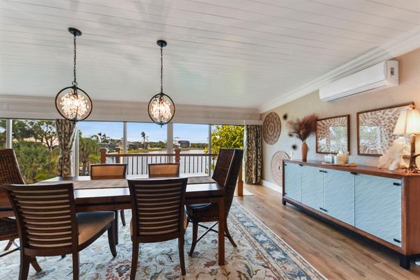 Dining room, Interior, Pendant Lights, Wood Texture Flooring