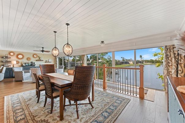 Dining room, Interior, Pendant Lights, Water, Wood Texture Flooring